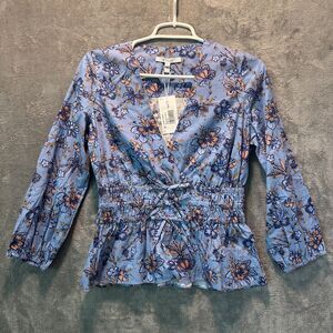 NWT NEW Derek Lam 10 Crosby Blue Floral‎ Cotton Smocked Peplum Top Size 2